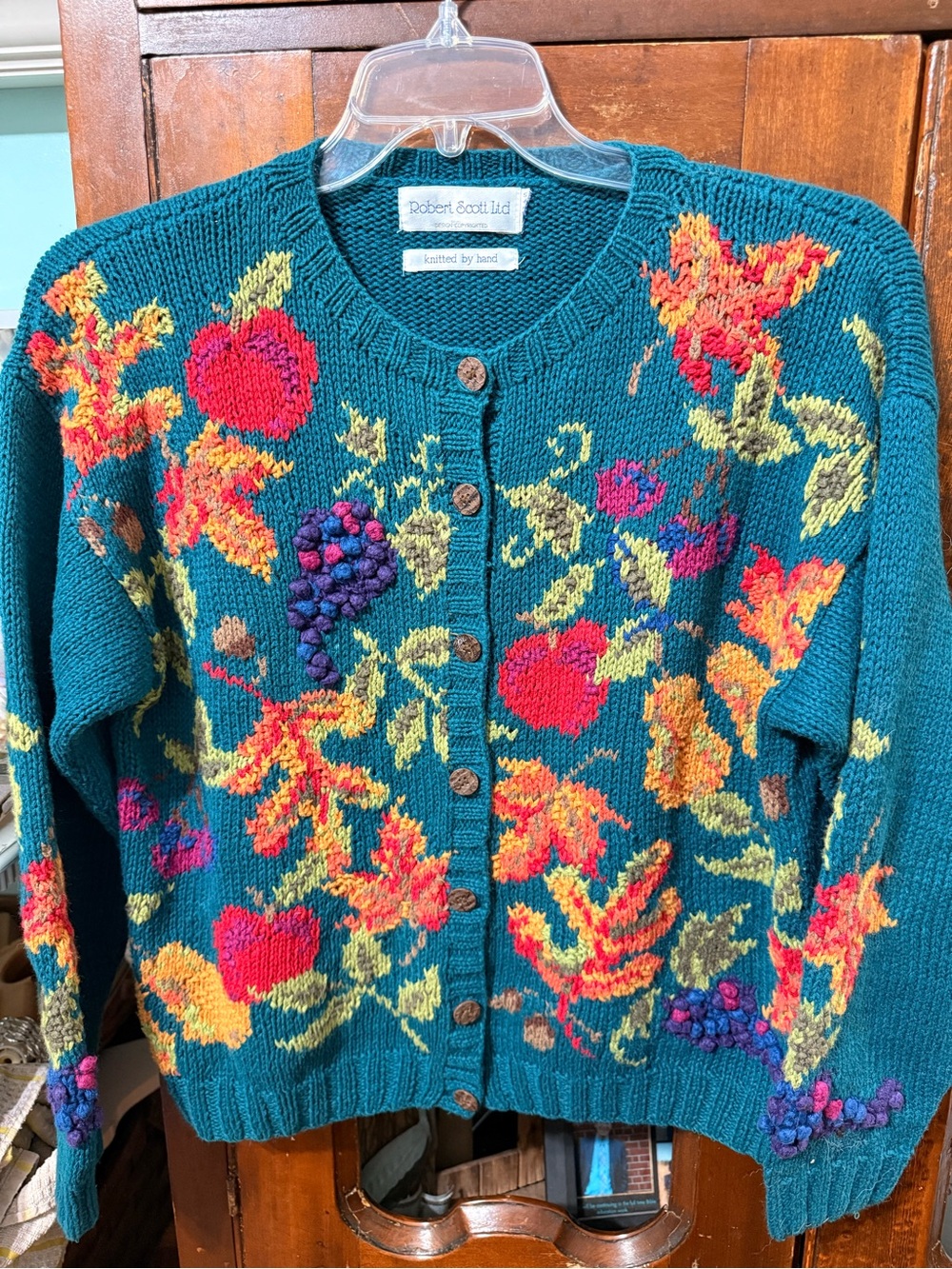 VINTAGE: ROBERT SCOTT Fruit Grapes Cotton/Ramie Cardigan *SZ. Med (TEAL MULTI)